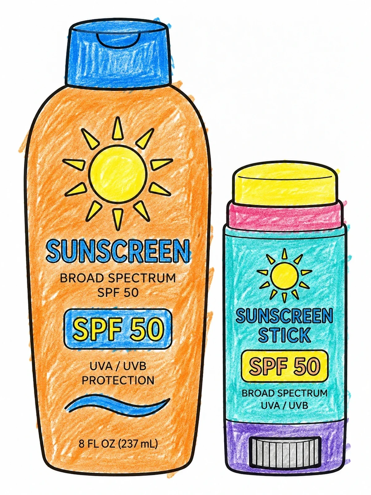 Colored example of the Sunscreen Bottle And Stick Applicator coloring page