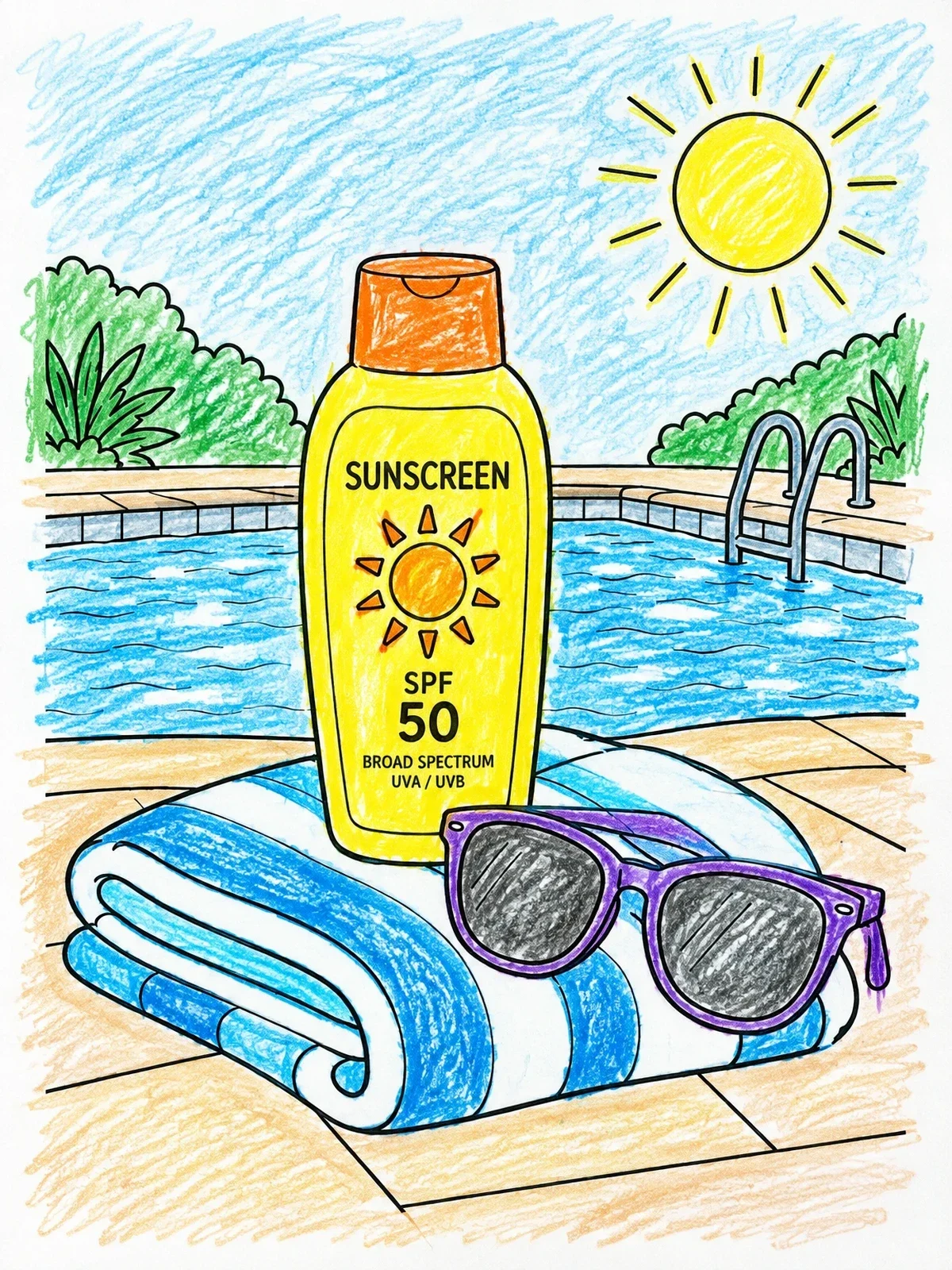 Colored example of the Sunscreen Bottle By The Pool coloring page