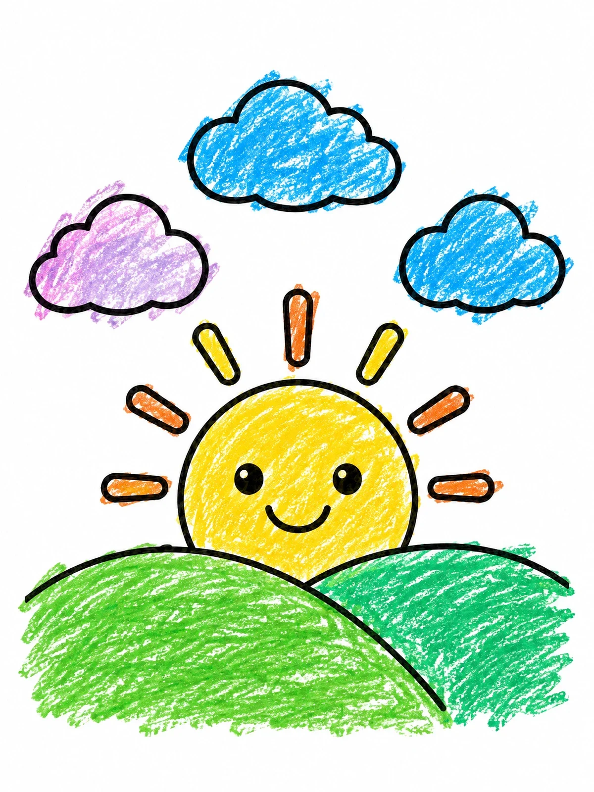 Colored example of the Smiling Sun Behind Rolling Hills coloring page