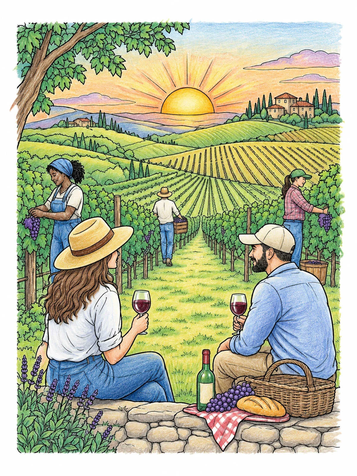 Colored example of the Sunset Vineyard Picnic coloring page
