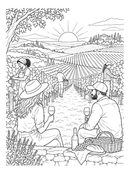 Free printable Sunset Vineyard Picnic coloring page