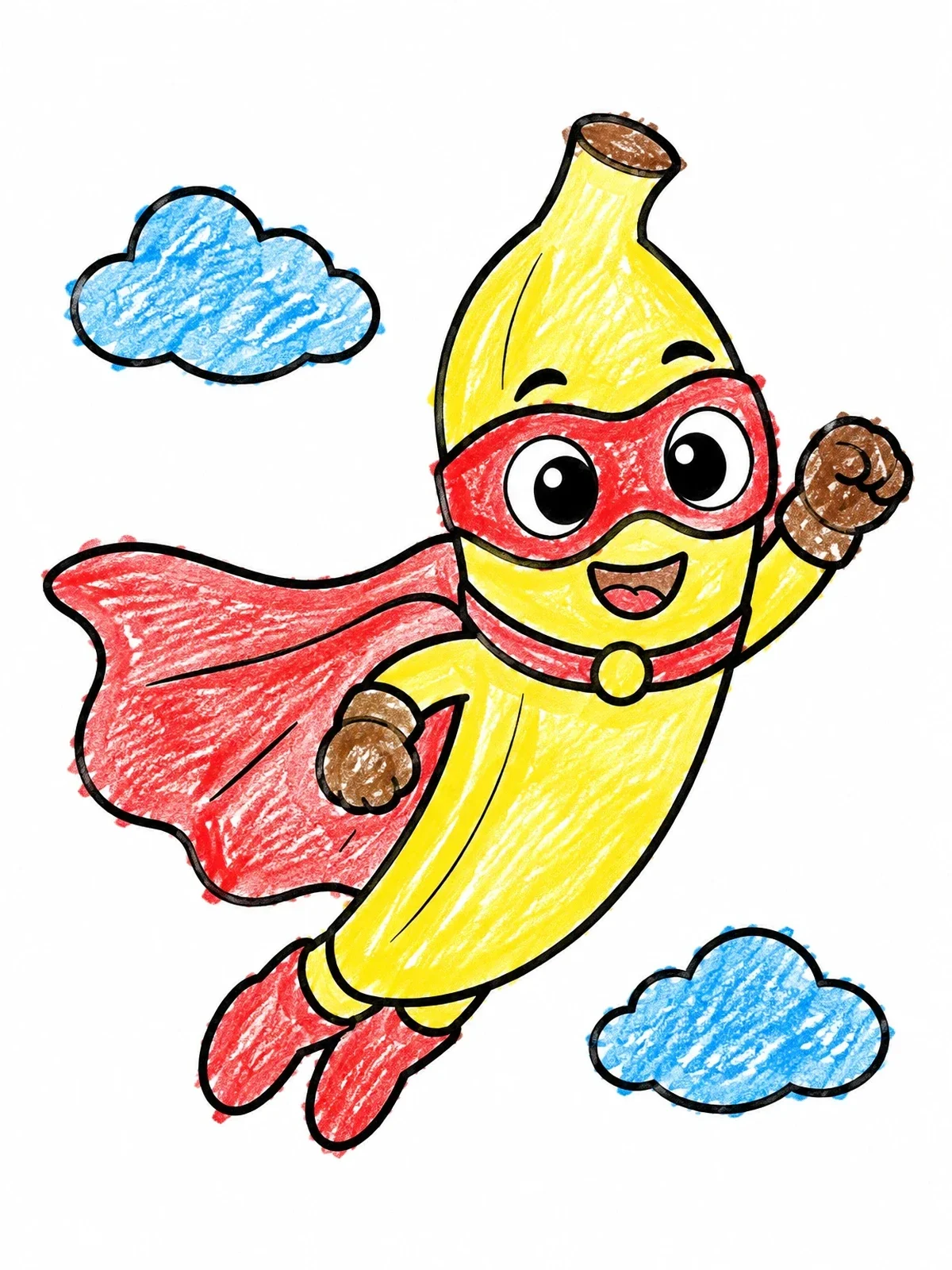 Colored example of the Superhero Banana Flying High coloring page