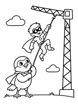 A small superhero and his bird friend swing from a crane in this robin coloring page.
