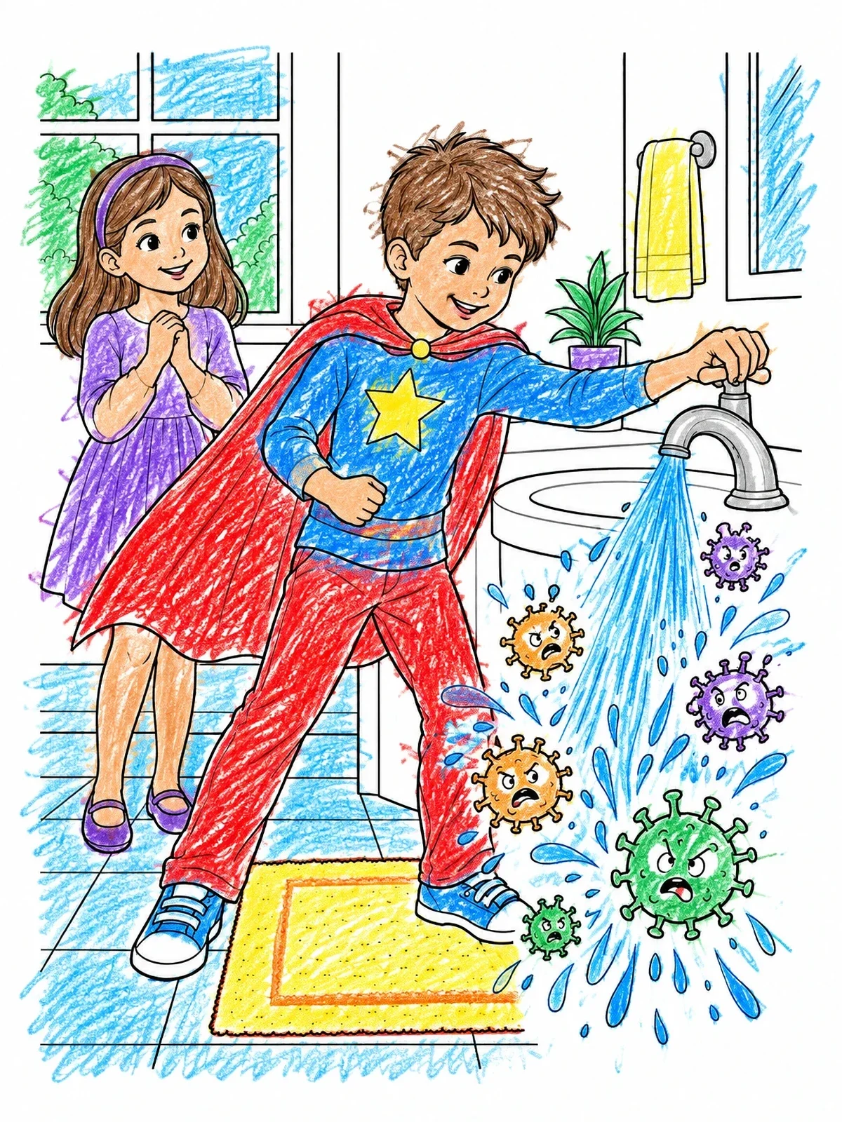 Colored example of the Superhero Boy Washing Away Germs coloring page