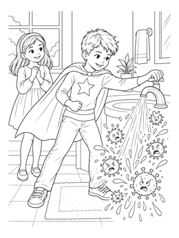 A superhero child in a germ coloring page washes away floating virus characters with water.