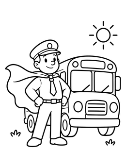 A cheerful superhero bus driver coloring page with a cape next to his school bus.
