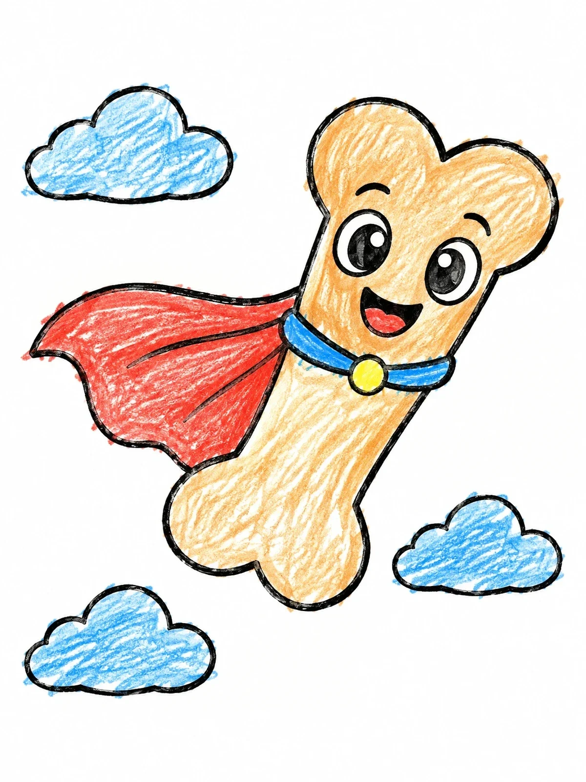 Colored example of the Superhero Dog Bone In Flight coloring page
