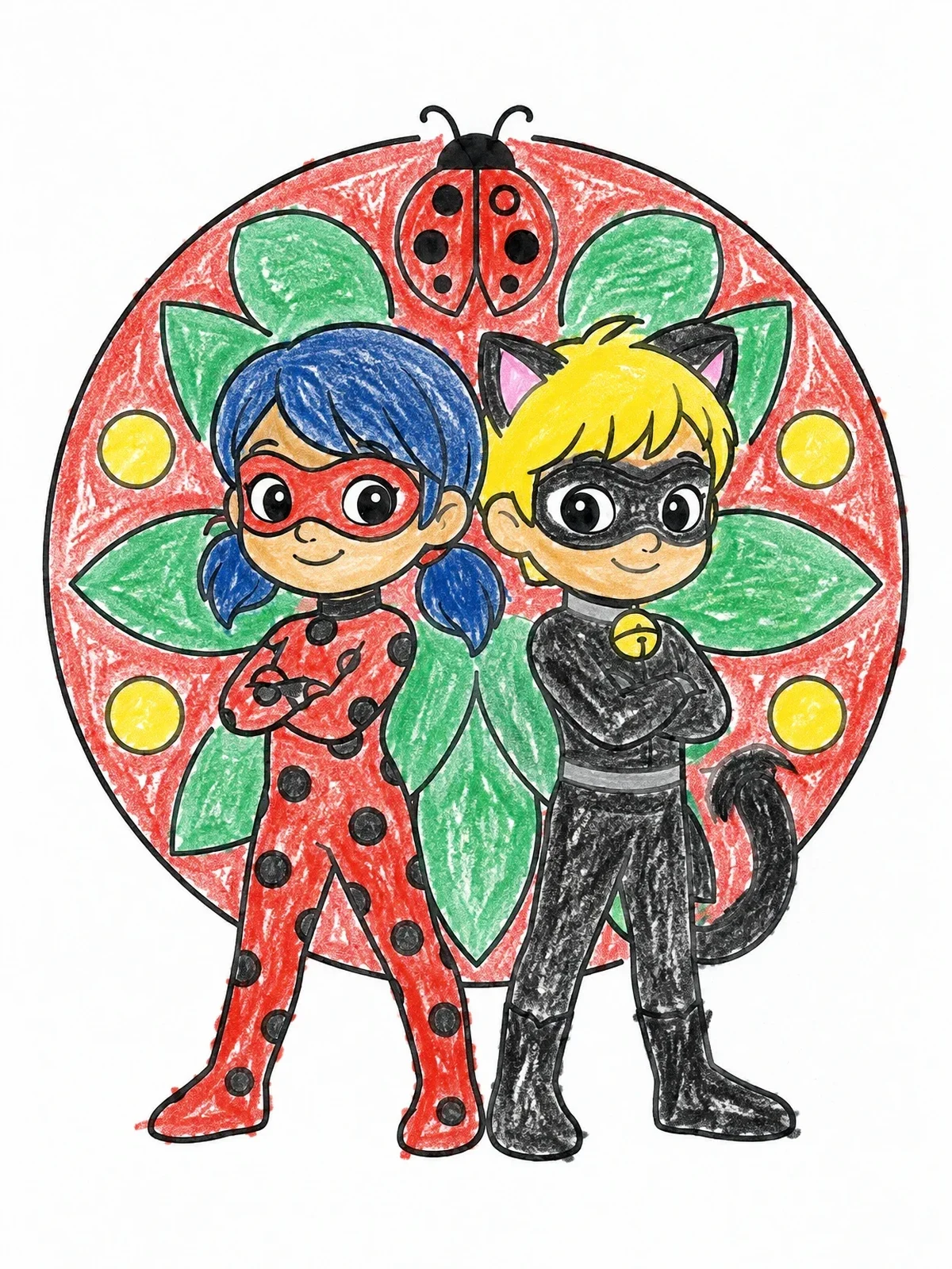 Colored example of the Cute Superhero Duo With Ladybug Emblem coloring page