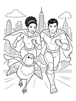 A heroic superhero duo and their cape-wearing bird in this robin coloring page.