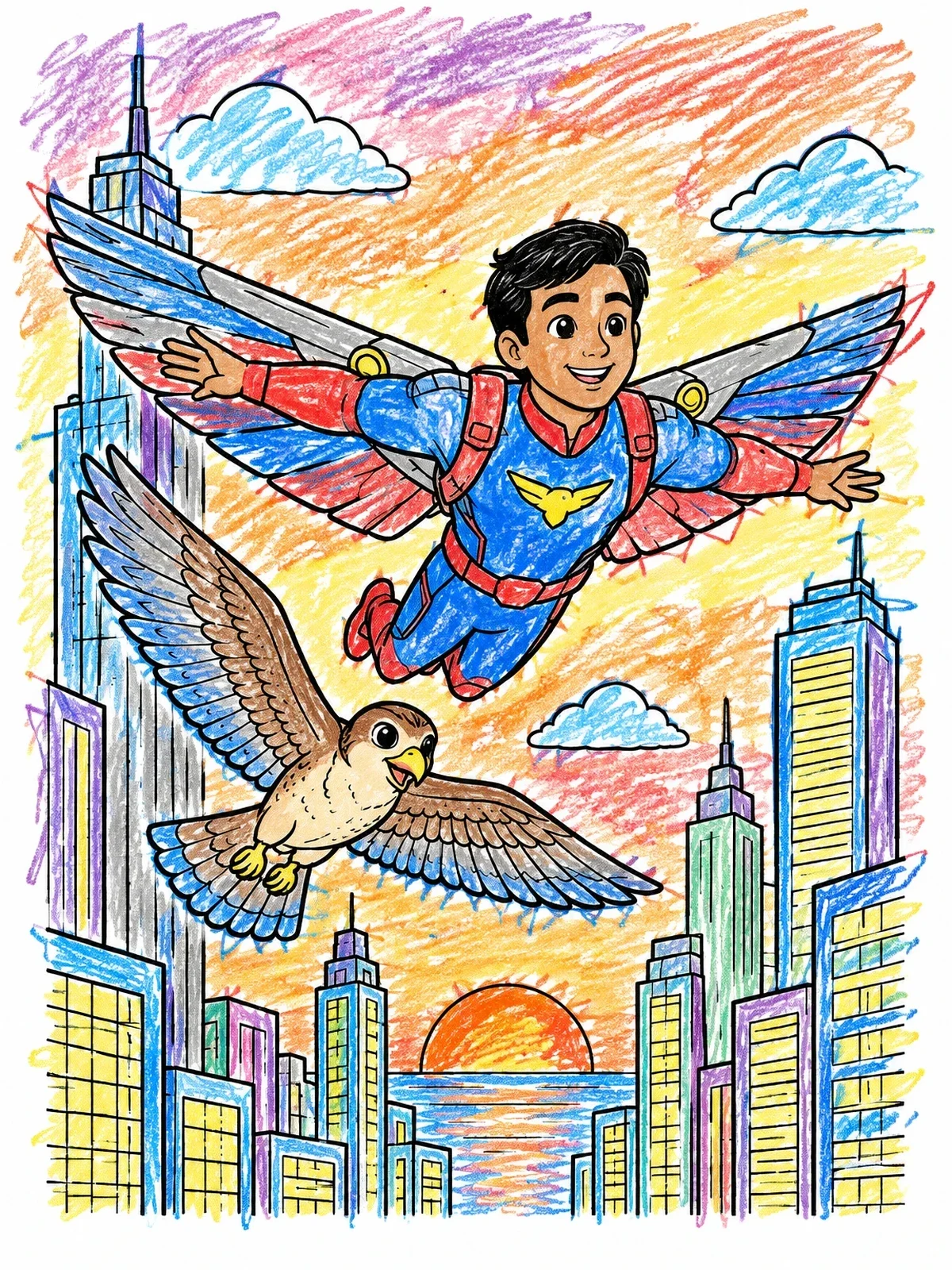 Colored example of the Superhero Flying With A Falcon coloring page