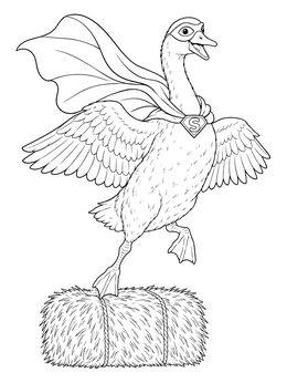 Heroic goose wearing a mask and cape on this goose coloring page jumping from a hay bale.
