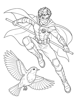 A dynamic hero in mid-air holding a staff on this robin coloring page with a small bird in flight.