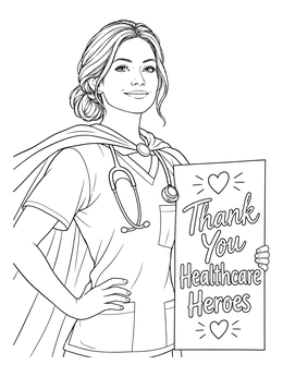 A superhero nurse coloring page featuring a healthcare worker holding a thank you sign.