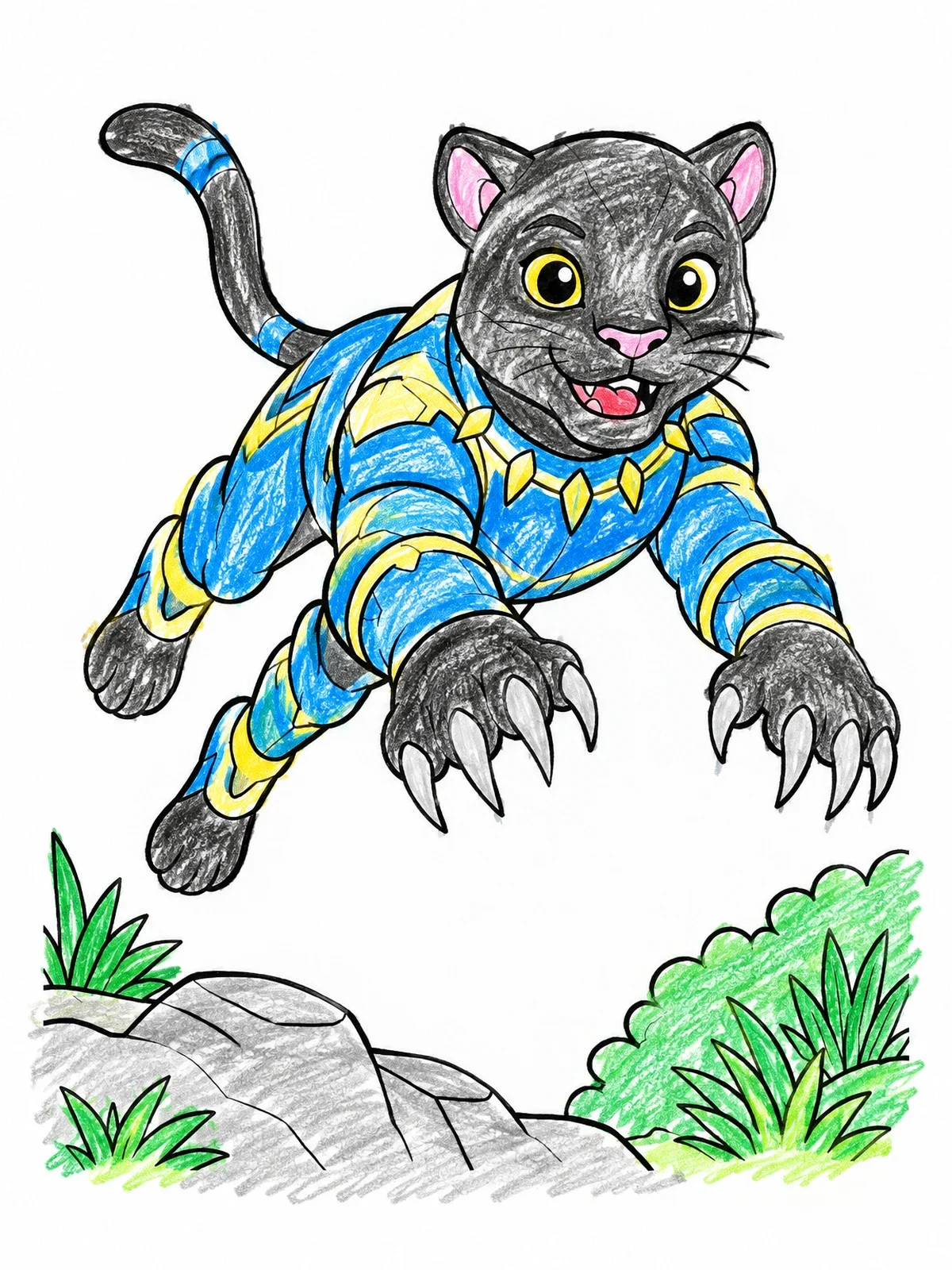 Colored example of the Superhero Panther Cub Leaping Forward coloring page