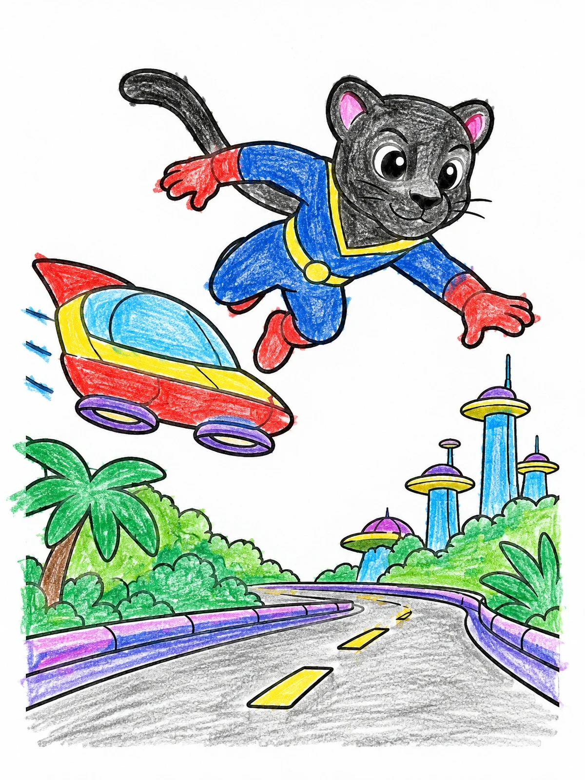 Colored example of the Superhero Panther Leaping Through Futuristic City coloring page