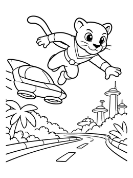 Free printable Superhero Panther Leaping Through Futuristic City coloring page