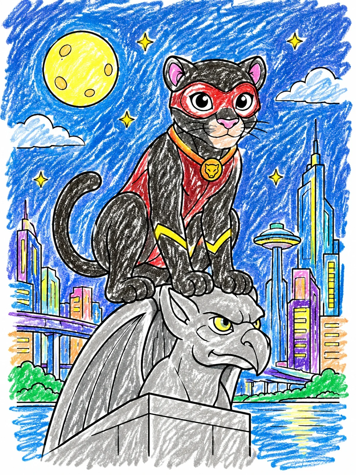 Colored example of the Superhero Panther On A Gargoyle coloring page