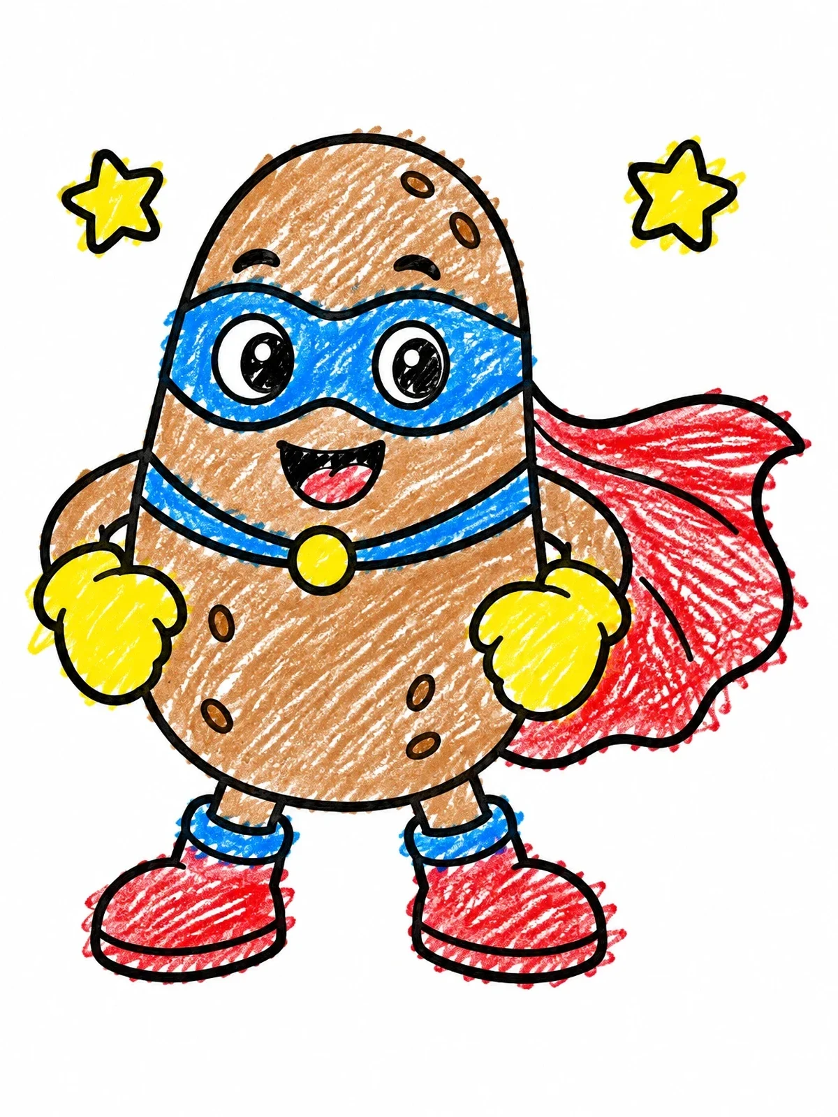 Colored example of the Superhero Potato In Mask And Cape coloring page