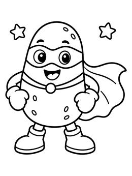 A cheerful superhero potato coloring page with a flowing cape, mask, and boots.