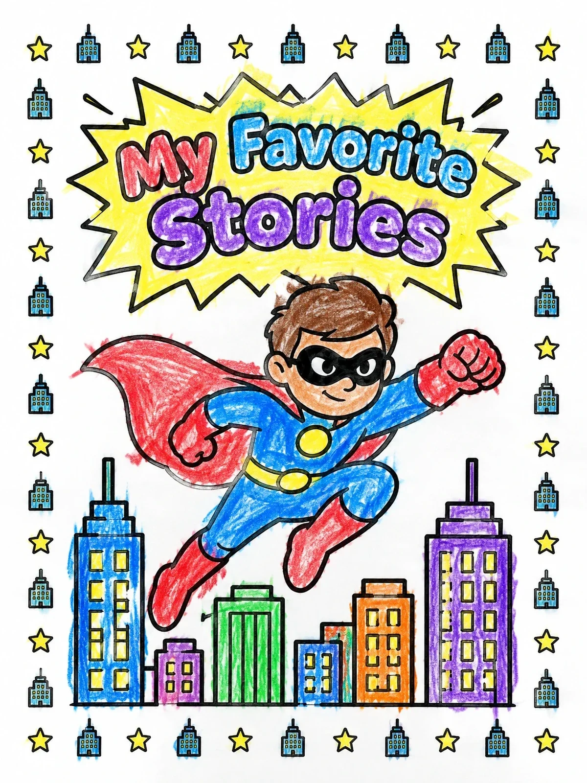 Colored example of the Superhero Storybook Cover coloring page