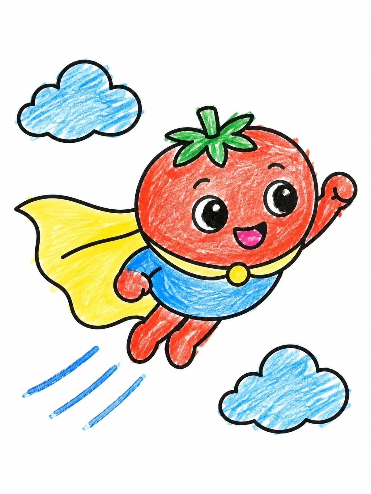 Colored example of the Superhero Tomato Flying In Sky coloring page