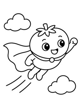 Free printable Superhero Tomato Flying In Sky coloring page