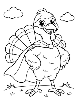 A brave superhero turkey coloring page featuring a cape and mask.