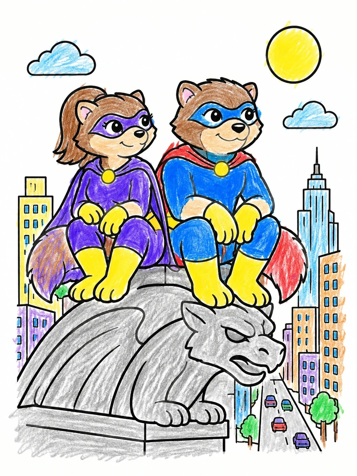 Colored example of the Superhero Wolverines Guarding The City coloring page