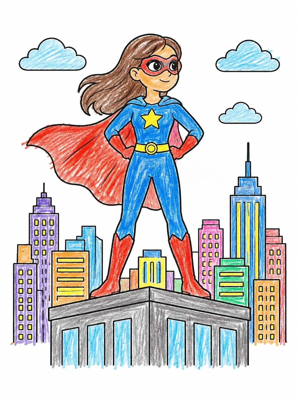 Colored example of the Superhero Woman Over The City coloring page