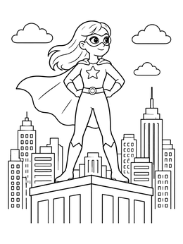 Free printable Superhero Woman Over The City coloring page