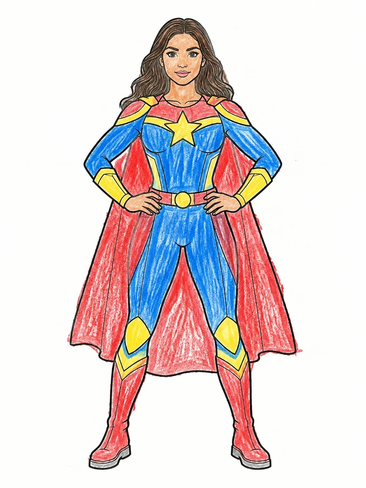 Colored example of the Superhero Woman With Cape coloring page