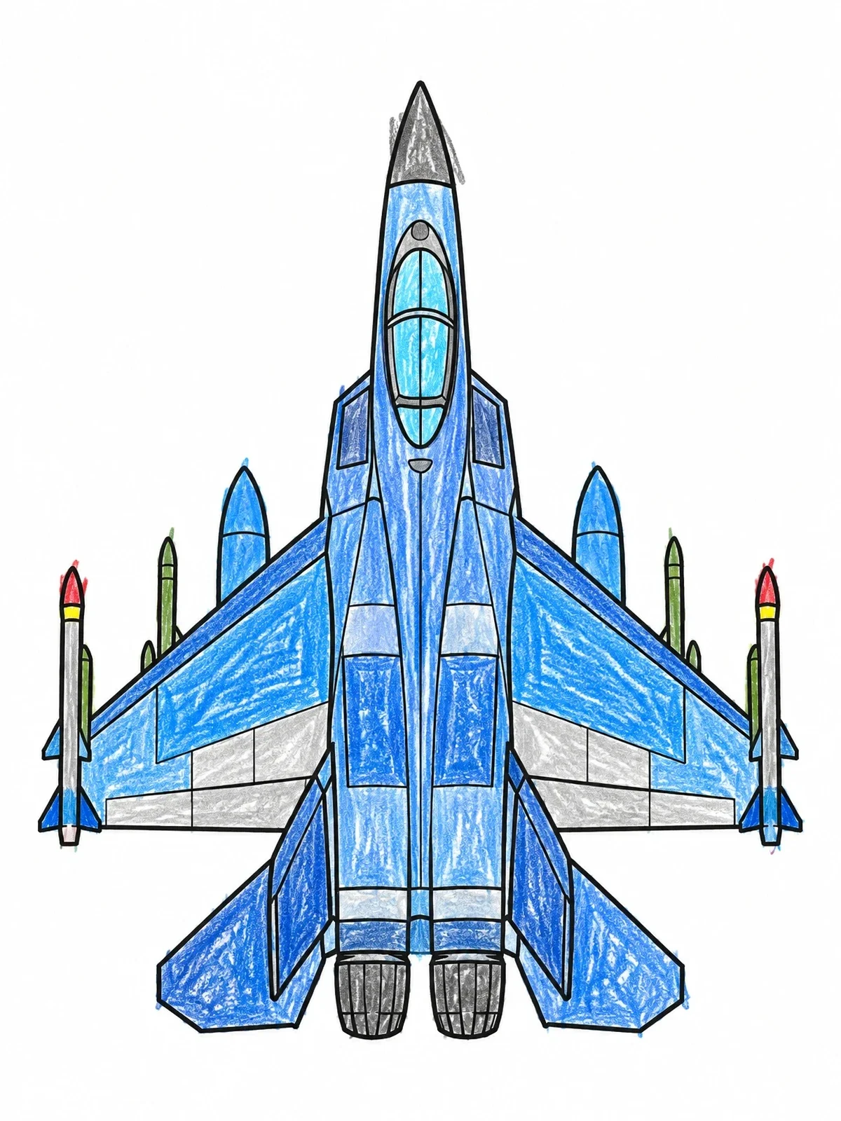 Colored example of the Supersonic Fighter Jet Top View coloring page