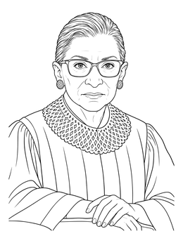 A detailed ruth bader ginsburg coloring page showing the justice in her robe and decorative collar.