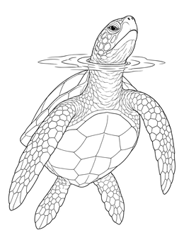 A realistic sea turtle coloring page showing the animal poking its head above water ripples.