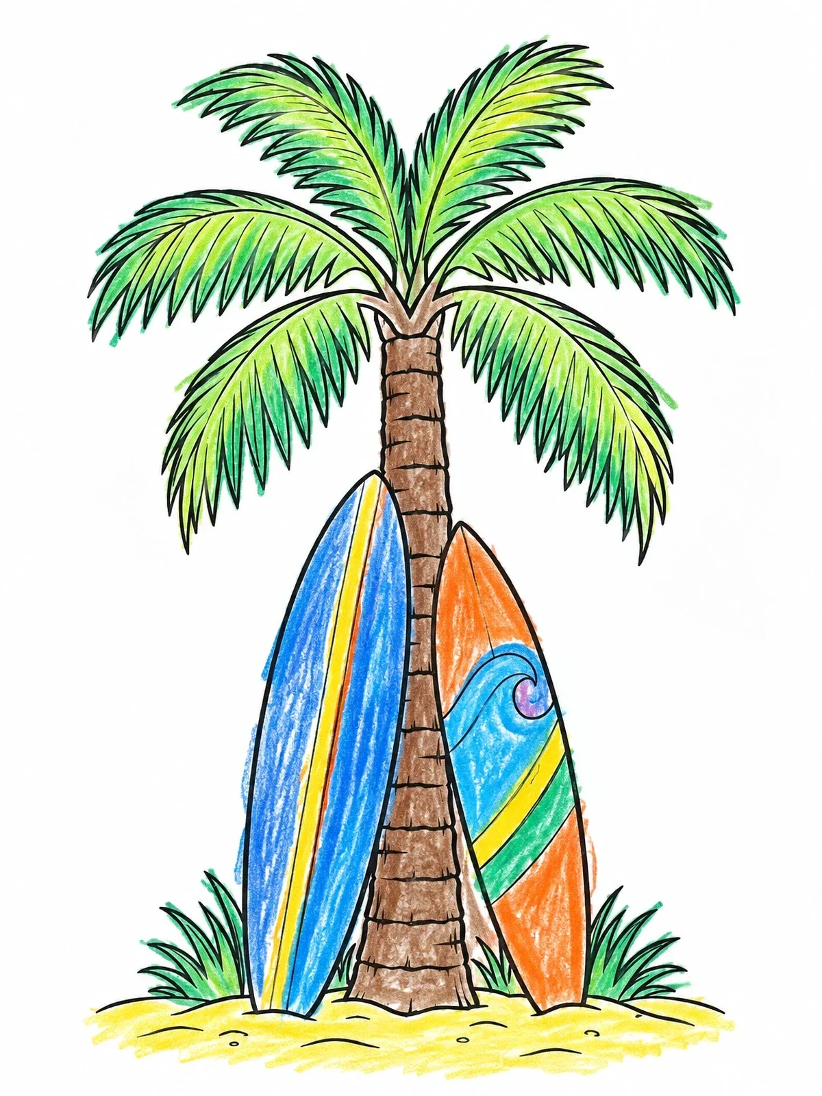Colored example of the Surfboards Leaning On Palm Tree coloring page