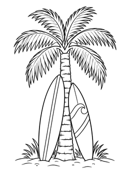 Free printable Surfboards Leaning On Palm Tree coloring page