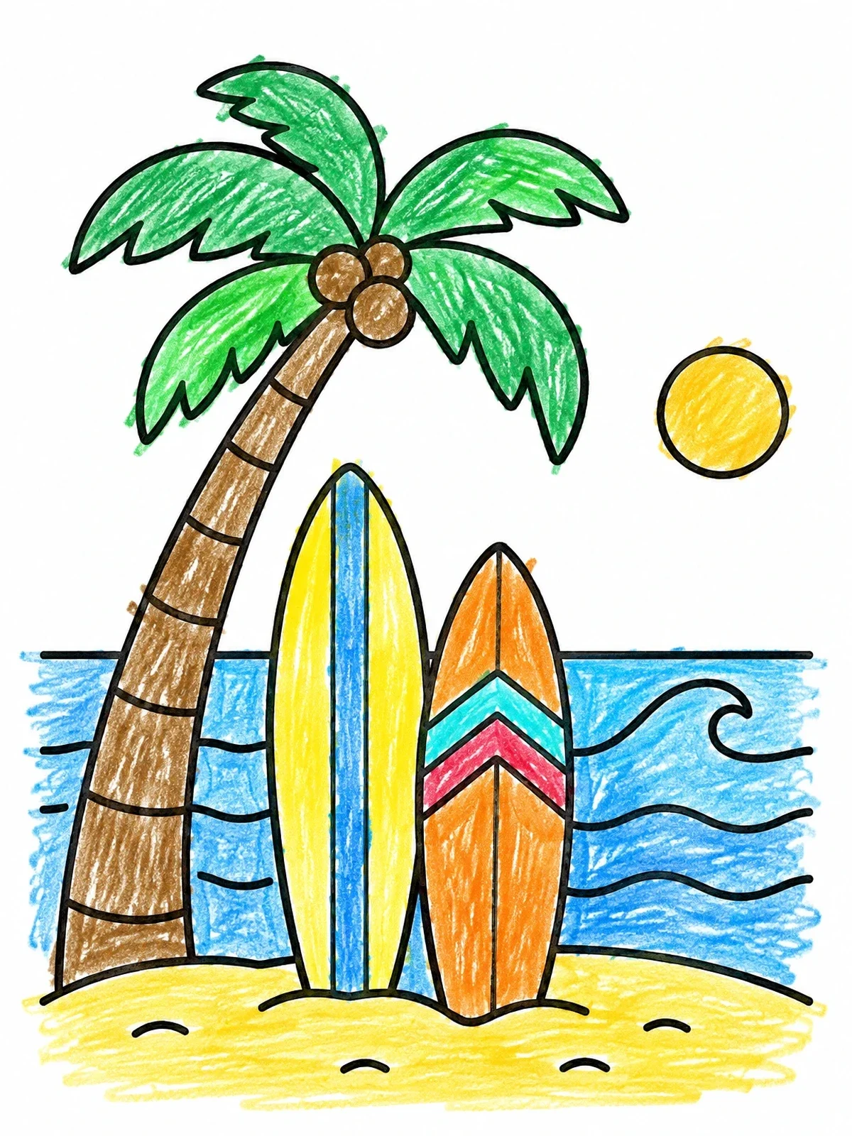 Colored example of the Surfboards Under Palm Tree On Beach coloring page