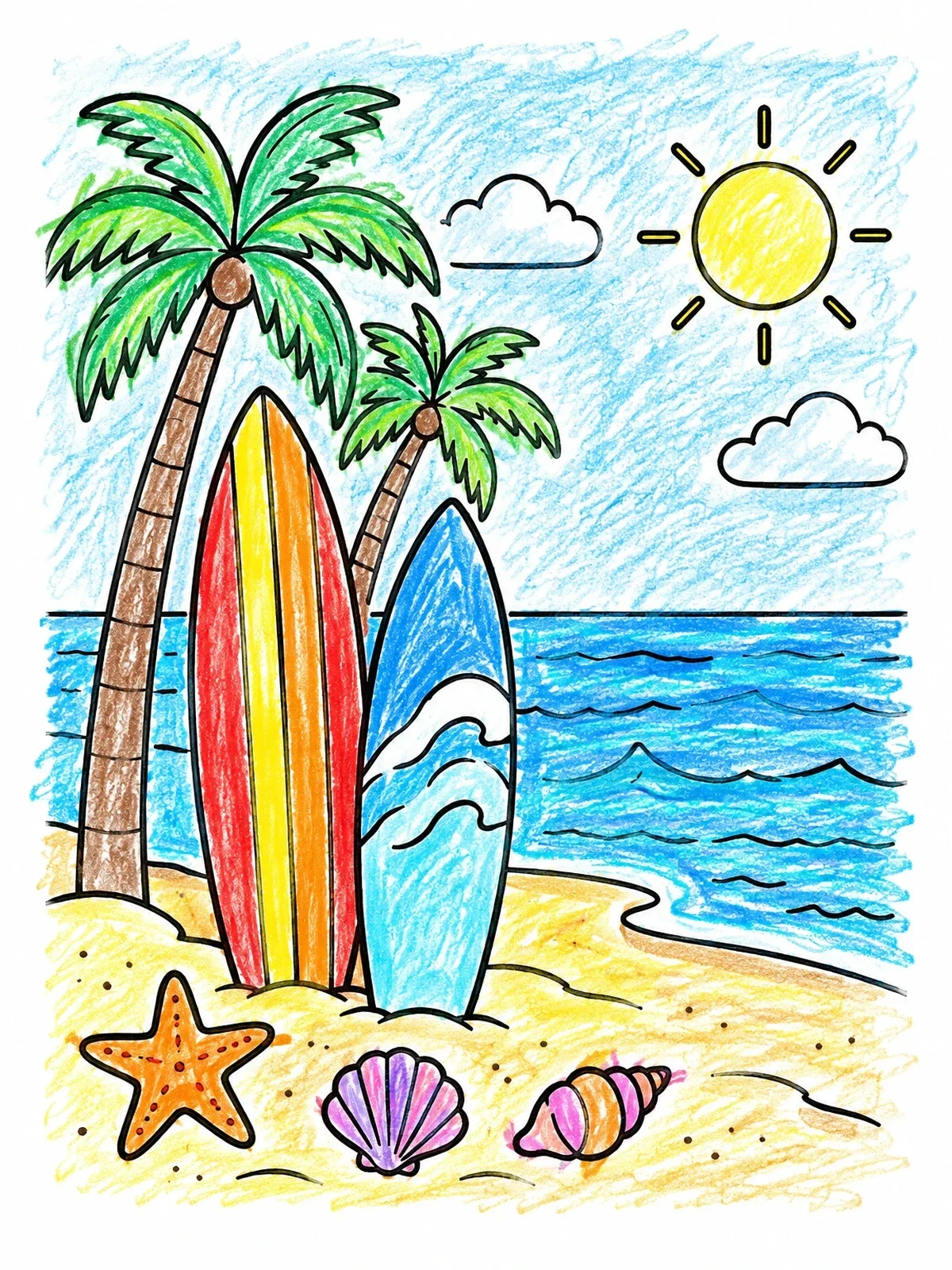 Colored example of the Surfboards On A Sunny Tropical Beach coloring page