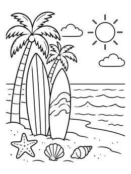 Free printable Surfboards On A Sunny Tropical Beach coloring page