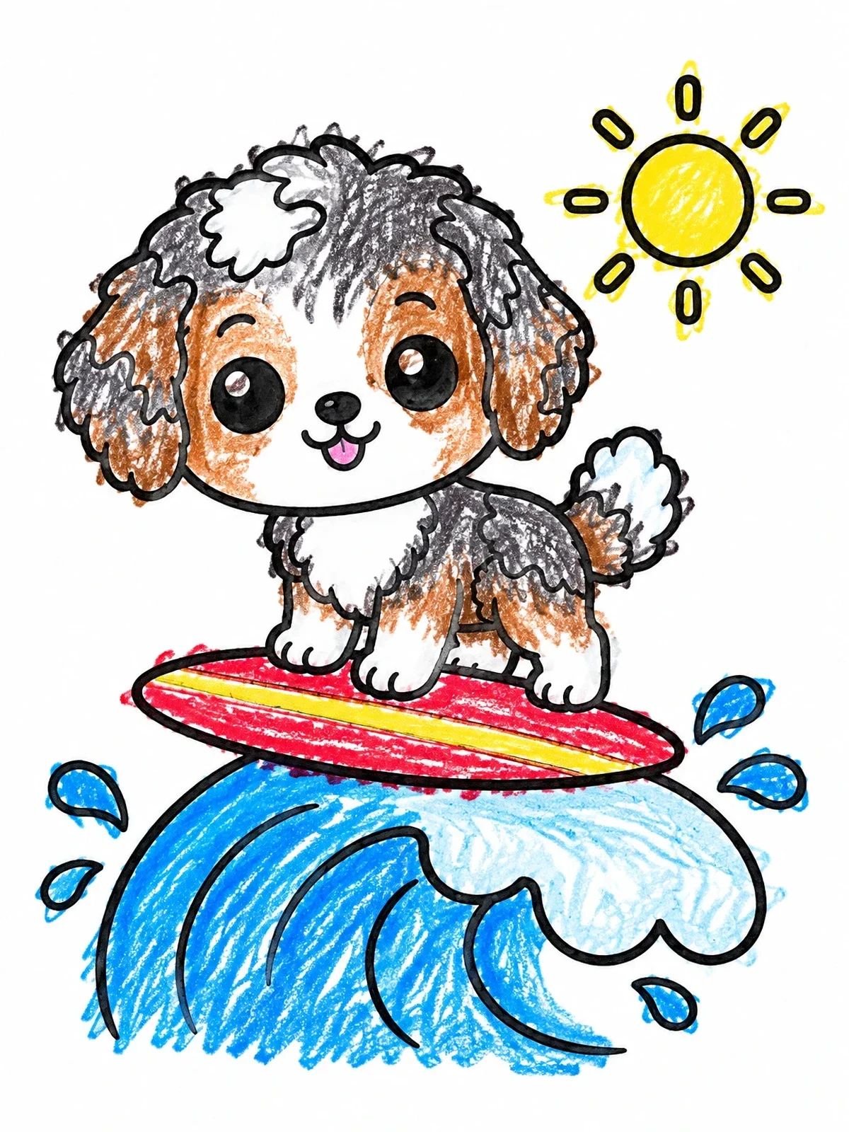 Colored example of the Surfing Aussiedoodle Puppy On Wave coloring page