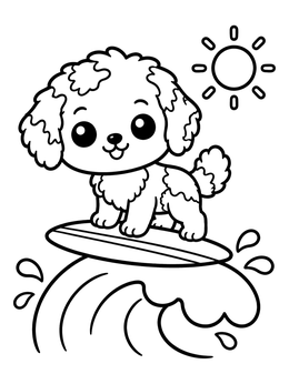 Free printable Surfing Aussiedoodle Puppy On Wave coloring page