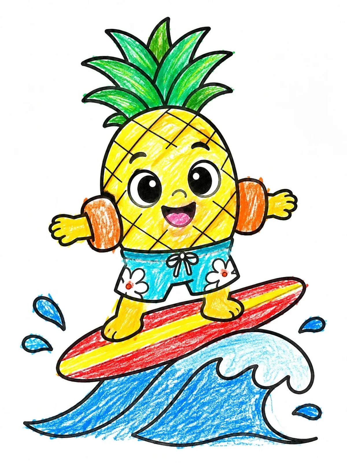 Colored example of the Surfing Cartoon Pineapple With Floaties coloring page
