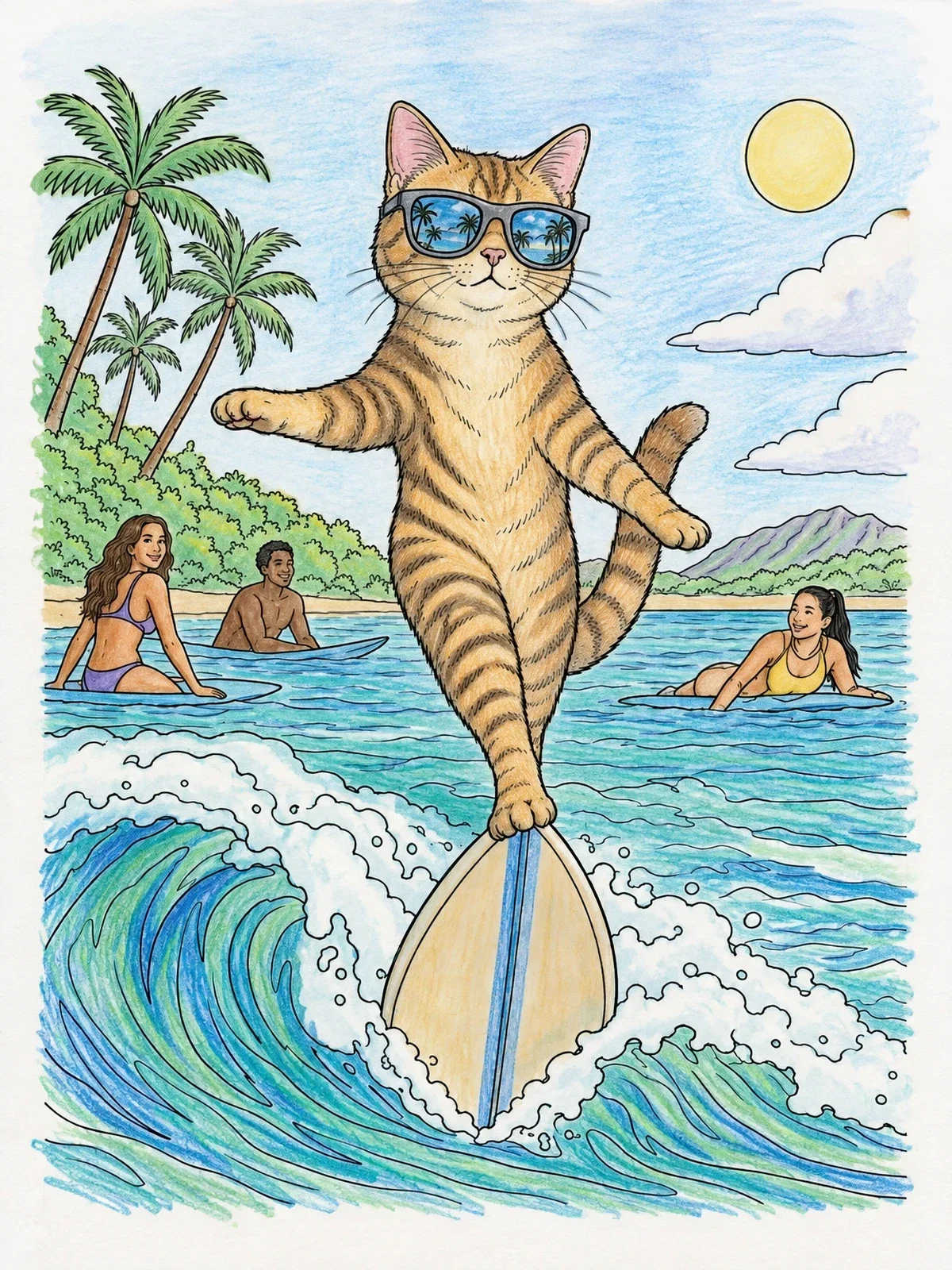 Colored example of the Cool Cat Balancing On A Surfboard coloring page
