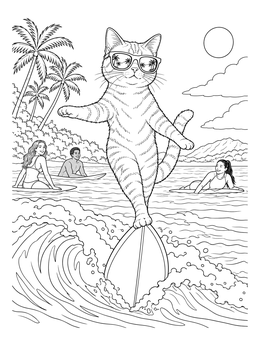 Free printable Cool Cat Balancing On A Surfboard coloring page