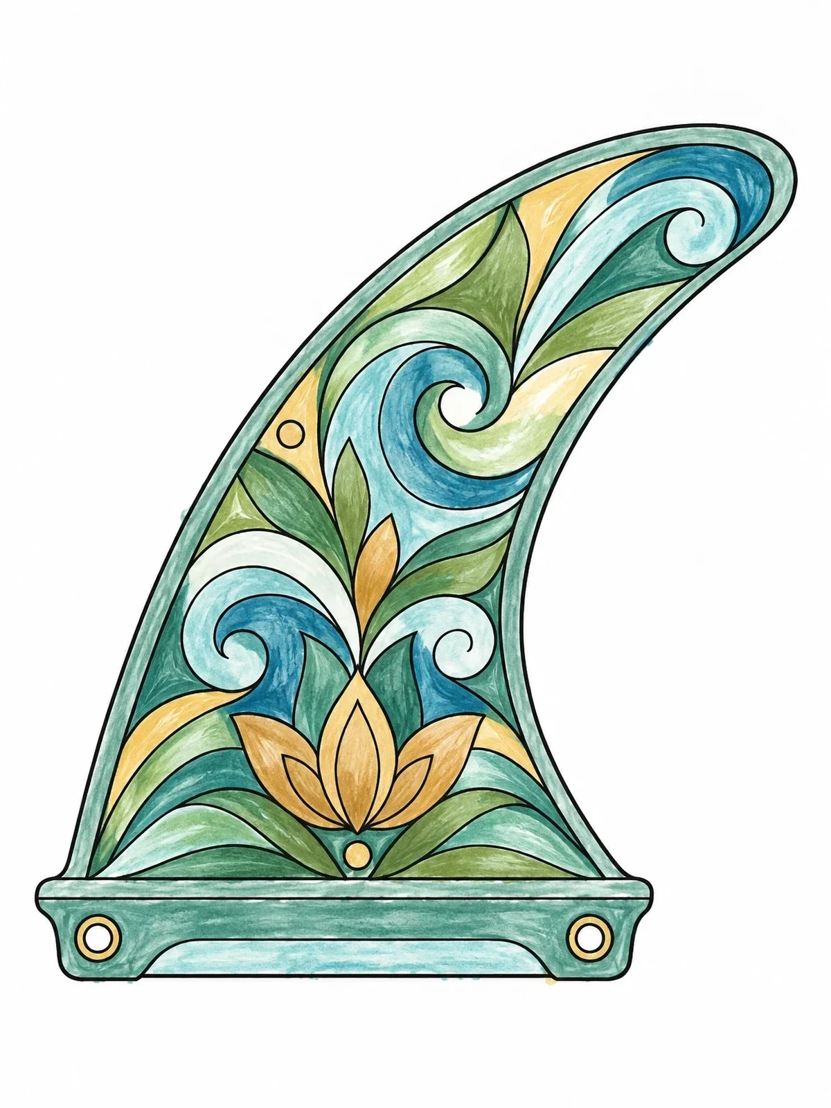 Colored example of the Decorative Surfboard Fin With Floral Motifs coloring page