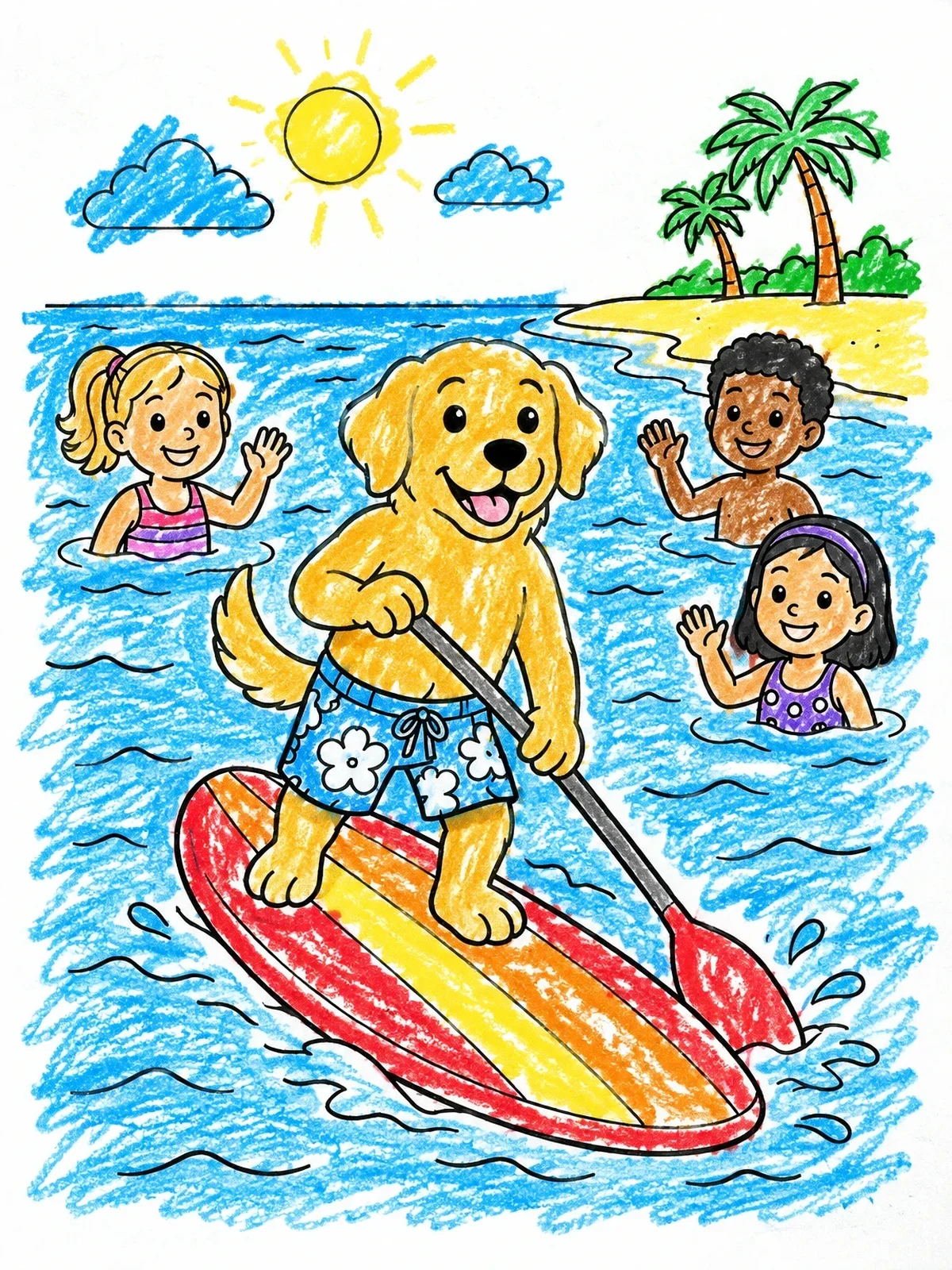 Colored example of the Dog Paddleboarding At The Beach coloring page