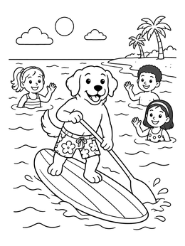 Free printable Dog Paddleboarding At The Beach coloring page