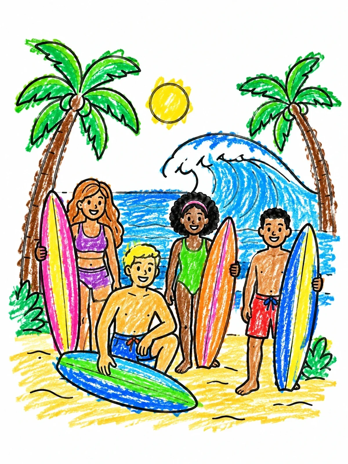 Colored example of the Friends On The Beach With Surfboards coloring page