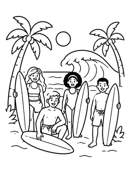 Free printable Friends On The Beach With Surfboards coloring page