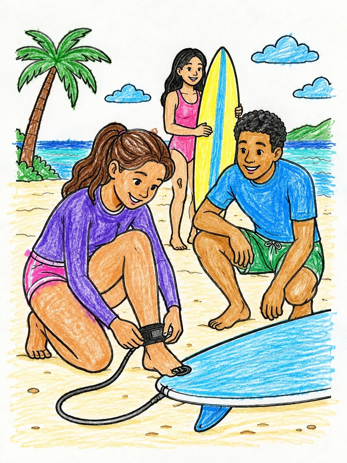 Colored example of the Friends Preparing To Surf On The Beach coloring page